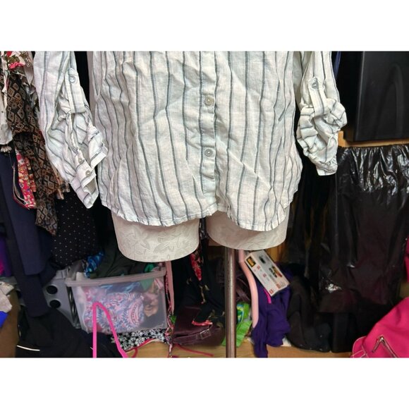 Sigrid Olsen LINEN Button Down Blouse Collared Blue & White Striped Sz L - Picture 2 of 9